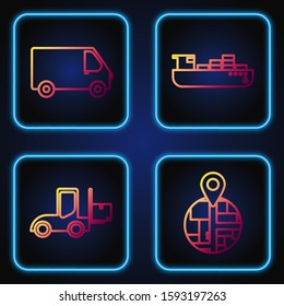 Set line Placeholder on map paper in perspective , Forklift truck , Delivery cargo truck vehicle  and Cargo ship with boxes delivery service . Gradient color icons. Vector