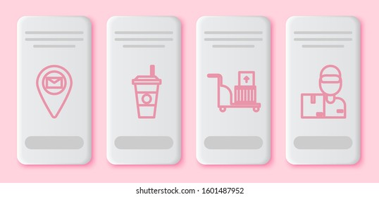 Set line Placeholder on map paper, Coffee cup , Electric hand truck and boxes  and Delivery man with cardboard boxes . White rectangle button. Vector