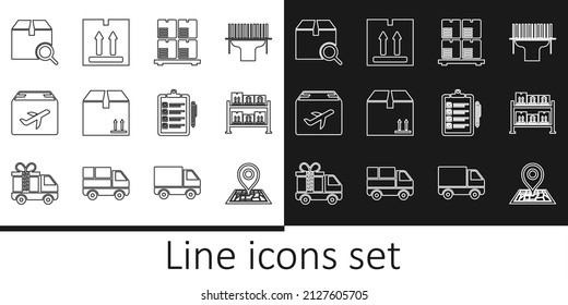 Set line Placeholder on map, Warehouse, Cardboard boxes pallet, with traffic, Plane and cardboard, Search package, Verification of delivery list and icon. Vector