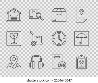 Set line Placeholder on map paper, Document tracking marker system, Carton cardboard box, Headphones, Warehouse, Hand truck and boxes, Delivery with and Umbrella icon. Vector