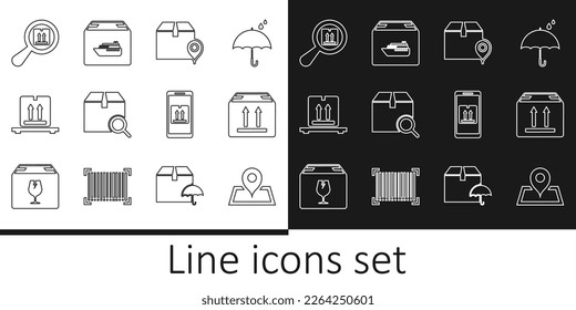 Set line Placeholder on map, Cardboard box with traffic, Location cardboard, Search package, boxes pallet, Mobile app tracking and Cargo ship icon. Vector