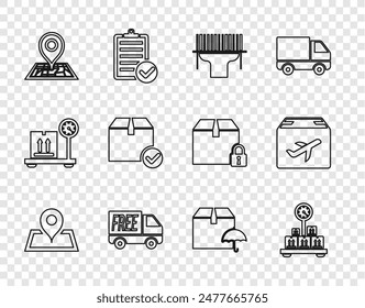 Set line Placeholder on map, Scale with cardboard box, Scanner scanning bar code, Free delivery service, Package check mark, Delivery package umbrella and Plane and icon. Vector