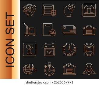 Definir linha Placeholder no papel do mapa, Entrega de segurança do pacote com escudo, Armazém, homem caixas de papelão, Caminhão de mão e, Telefone 24 horas de suporte e ícone de envelope. Vetor
