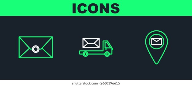 Fije el marcador de posición de línea en el papel del mapa, sobre y icono del camión del poste. Vector