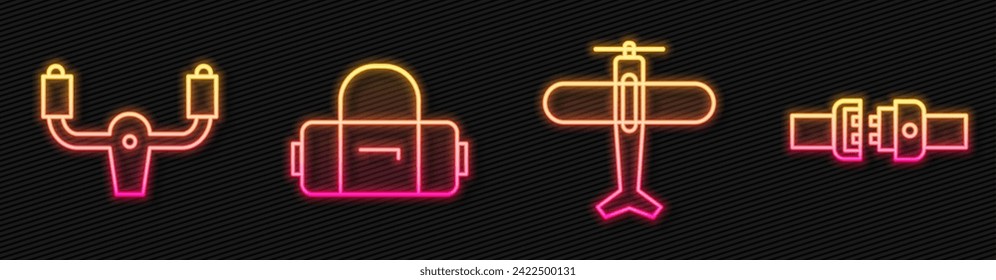 Set line Plane, Aircraft steering helm, Suitcase and Safety belt. Glowing neon icon. Vector