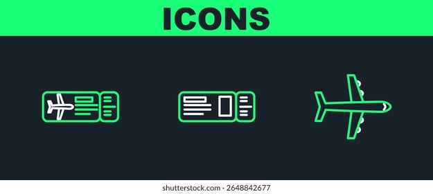 Establecer el avión de línea, billete de avión y el icono de viaje. Vector
