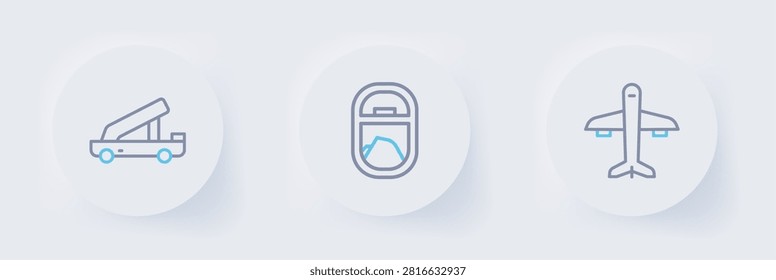 Set line Plane, Airplane window and Passenger ladder icon. Vector