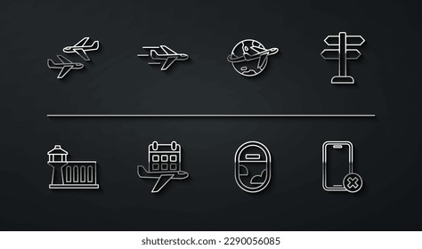 Set line Plane, Airport control tower, Road traffic sign, Airplane window, Calendar and airplane, No cell phone and Globe with flying icon. Vector