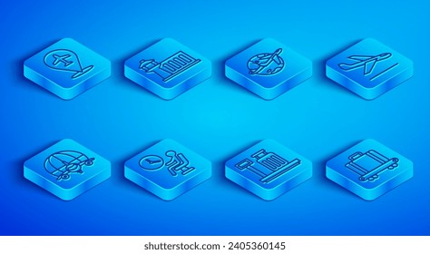Set line Plane, Airport control tower, Globe with flying plane, Human waiting airport terminal, Scale suitcase, landing,  and Conveyor belt icon. Vector