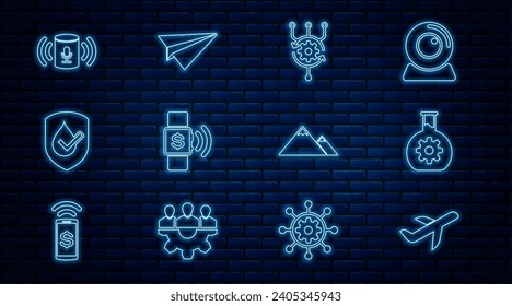 Set line Plane, Bioengineering, Algorithm, Contactless payment, Waterproof, Voice assistant, Mountains and Paper plane icon. Vector