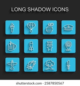 Set line Plane, Bomb explosive planet earth, Torch flame, Nuclear explosion, Military knife, Rocket launcher, Location peace and reward medal icon. Vector