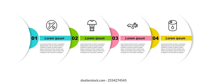 Set line Plane, Box flying on parachute, UAV Drone and Barrel oil. Business infographic template. Vector