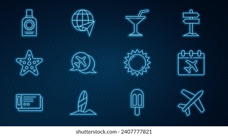 Set line Plane, Calendar and airplane, Martini glass, Speech bubble with, Starfish, Sunscreen spray bottle,  and Globe flying icon. Vector