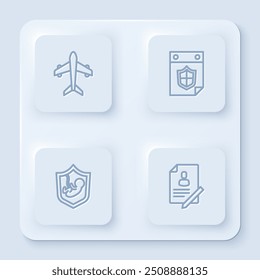 Set line Plane, Calendar with shield, Life insurance and Document. White square button. Vector