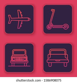 Set line Plane, Car, Scooter and Pickup truck. Blue square button. Vector