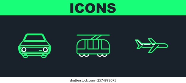 Set line Plane, Car and Tram and railway icon. Vector