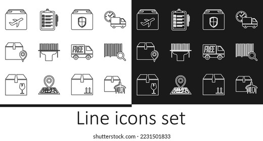 Set line Plane and cardboard box, Search barcode, Delivery security shield, Scanner scanning, Location with, Free delivery service and Verification of list icon. Vector