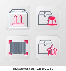 Die Linie Plane und Karton, Barcode, Frachtschiff mit Kisten und Pappkarton Verkehrssymbol. Vektorgrafik