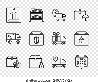 Set line Plane and cardboard box, Location with, Delivery truck clock, Locked package, Cardboard traffic, security shield, tracking and  icon. Vector