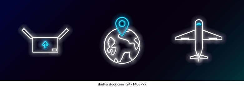 Set line Plane, Cardboard box with traffic symbol and Worldwide icon. Glowing neon. Vector