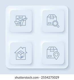 Set line Plane and cardboard box, Search package, Home delivery services and Location with. White square button. Vector