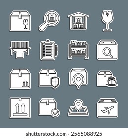 Set line Plane and cardboard box, Cargo ship with boxes, Search package, Warehouse, Verification of delivery list, Scanner scanning bar code, Delivery fragile content and  icon. Vector