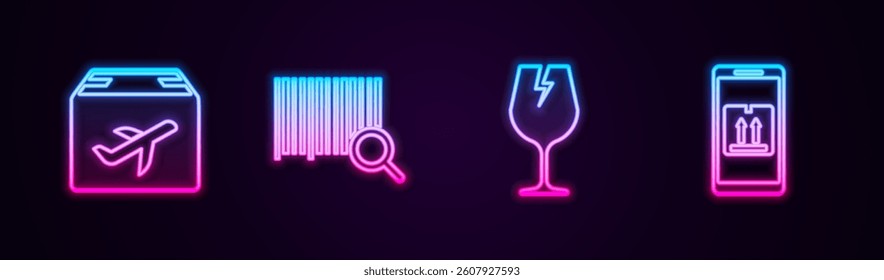 Set line Plane and cardboard box, Search barcode, Fragile broken glass and Mobile with app tracking. Glowing neon icon. Vector