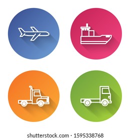 Set line Plane, Cargo ship, Delivery cargo truck vehicle and Delivery cargo truck vehicle. Color circle button. Vector