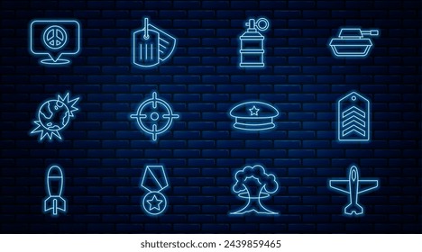 Línea de ajuste Plano, Chevron, granada de humo de mano, deporte objetivo, Bomba planeta tierra explosivo, Ubicación paz, Boina militar y el icono de la etiqueta del perro. Vector