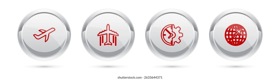 Set line Plane, , Clock and gear and Globe with flying plane. Silver circle button. Vector