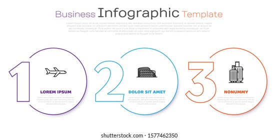 Set line Plane, Coliseum in Rome, Italy and Suitcase for travel. Business infographic template. Vector