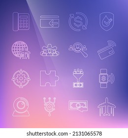Set line Plane, Contactless payment, Return of investment, Project team base, Globe with flying plane, Telephone and Magnifying glass for search people icon. Vector