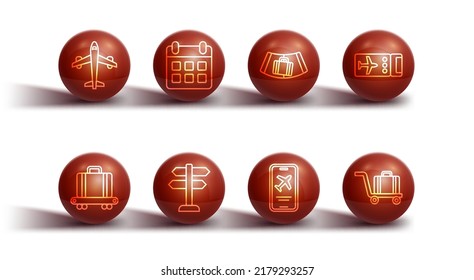 Set line Plane, Conveyor belt with suitcase, Airline ticket, Mobile, Road traffic sign, Calendar and airplane, Trolley baggage and  icon. Vector