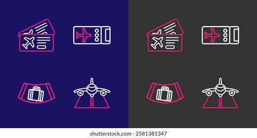 Set line Plane, Conveyor belt with suitcase, Airline ticket and  icon. Vector