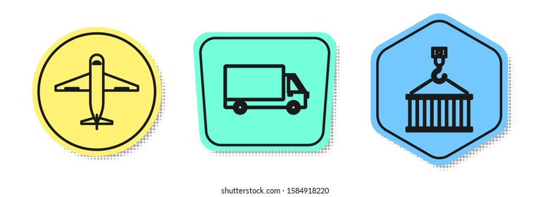 Set line Plane , Delivery cargo truck vehicle  and Container on crane. Colored shapes. Vector