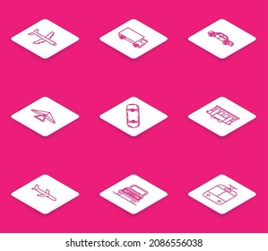 Set line Plane, Delivery cargo truck vehicle, Sedan, Hang glider, Skateboard, Old city tram,  and Car icon. Vector