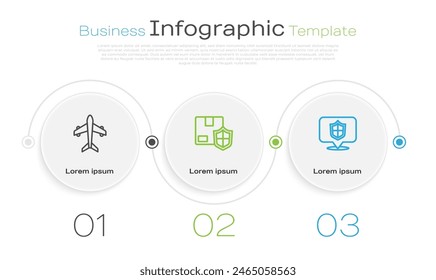 Set line Plane, Delivery security with shield and Location. Business infographic template. Vector