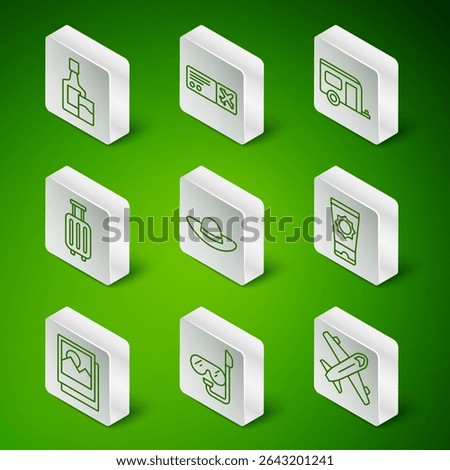 Set line Plane, Diving mask and snorkel, Whiskey bottle glass, Elegant women hat, Suitcase, Airline ticket, Photo and Sunscreen cream tube icon. Vector