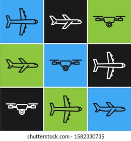 Set line Plane, Drone flying with action video camera and Plane icon. Vector