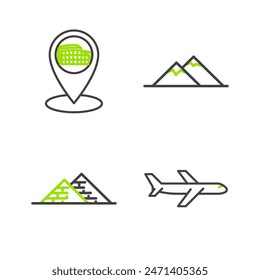 Set line Plane, Egypt pyramids, Mountains and Map pointer with Coliseum Rome, Italy icon. Vector