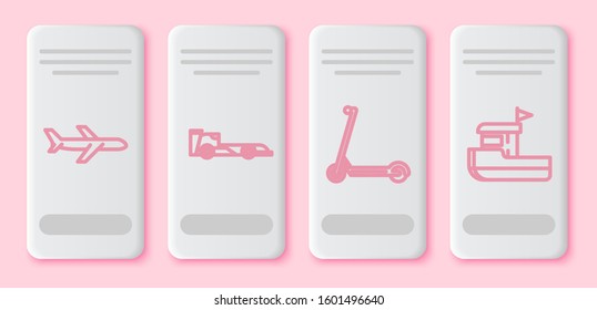 Set line Plane, Formula race car, Scooter and Fishing boat. White rectangle button. Vector