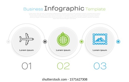 Set line Plane, Globe with flying plane and Postal stamp and Egypt pyramids. Business infographic template. Vector