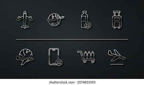 Set line Plane, Globe with flying plane, Suitcase, Trolley baggage, No cell phone, landing and water bottle icon. Vector