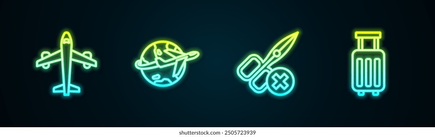 Set line Plane, Globe with flying plane, No scissors and Suitcase. Glowing neon icon. Vector