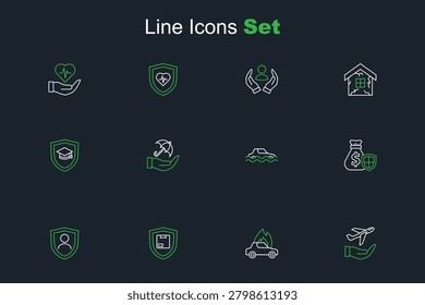 Set line Plane in hand, Burning car, Delivery security with shield, Life insurance, Money bag, Flood, Umbrella and Graduation cap icon. Vector