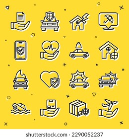Set line Plane in hand, Car accident, House with shield, lightning, Life insurance, Insurance online, Contract and  icon. Vector