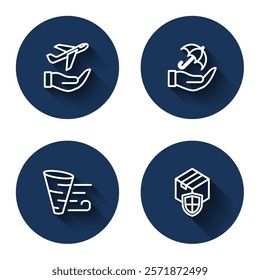 Set line Plane in hand, Umbrella, Tornado and Delivery security with shield with long shadow. Blue circle button. Vector