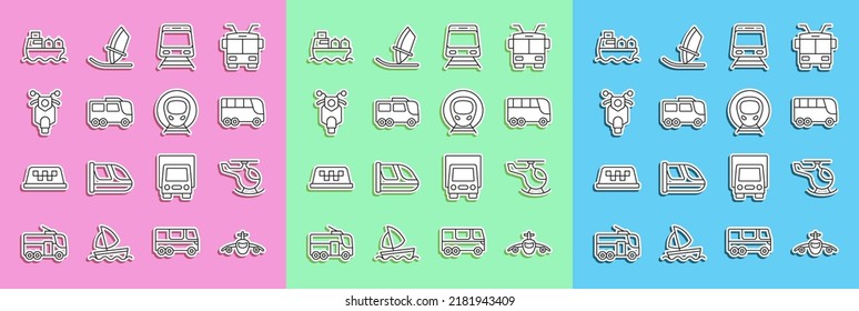 Set line Plane, Helicopter, Bus, Train and railway, Scooter, Oil tanker ship and  icon. Vector