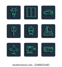 Set line Plane, Helicopter, Bus, Hatchback car, Train and railway, Parking, Scooter and Yacht sailboat icon. Vector