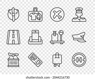 Flugzeugablage, Hubschrauberlandepad, Flugticket, Propeller, Metal-Detektor-Flughafen, Koffer- und Pilot-Hutsymbol. Vektorgrafik